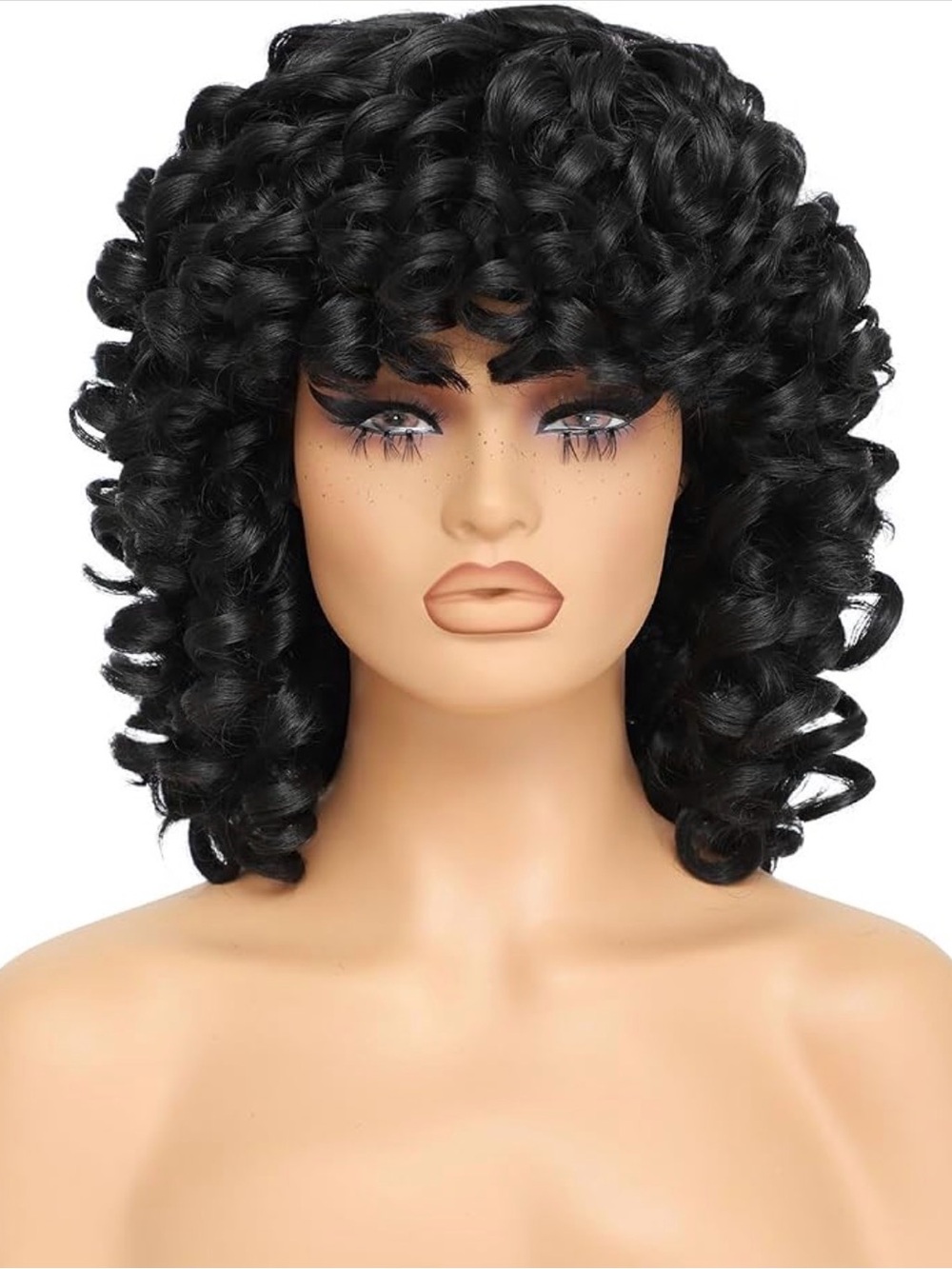 Full curly wig womenβs w/ bangs- black- curly soft natural synthetic